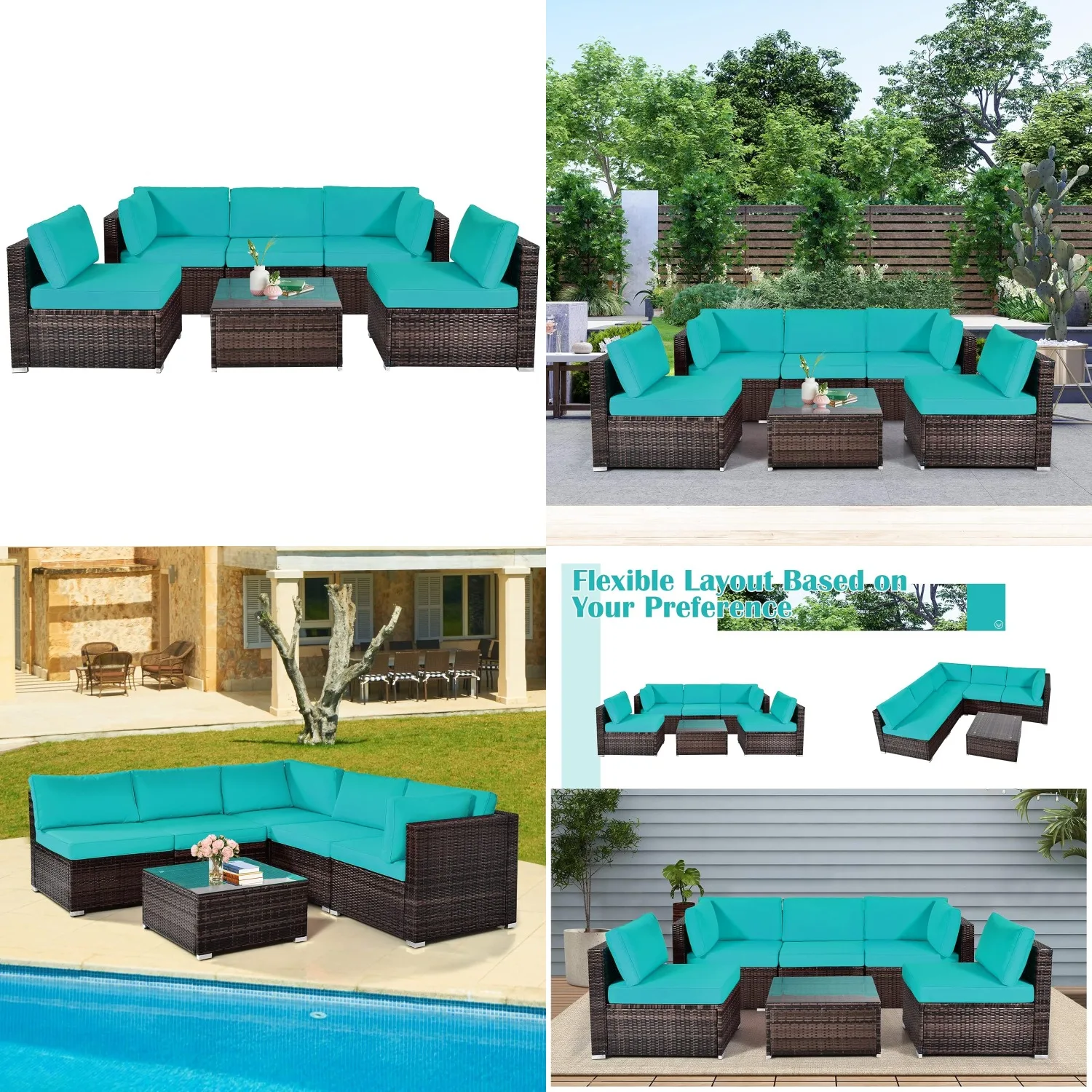6 Piece PE Rattan Outdoor Conversation Set Glass Table Cushions Weather Resistant Turquoise Customized
6 Piece PE Rattan Outdoor Conversation Set Glass Table Cushions Weather Resistant Turquoise Customized