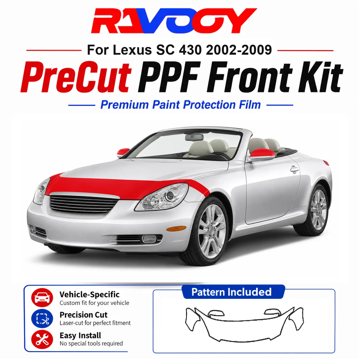 8.5mil TPU Precut PPF Kit For Lexus SC 430 2002-2009 - Hood, Fenders & Mirror Set - Self-Healing Clear Bra Film
8.5mil TPU Precut PPF Kit For Lexus SC 430 2002-2009 - Hood, Fenders & Mirror Set - Self-Healing Clear Bra Film