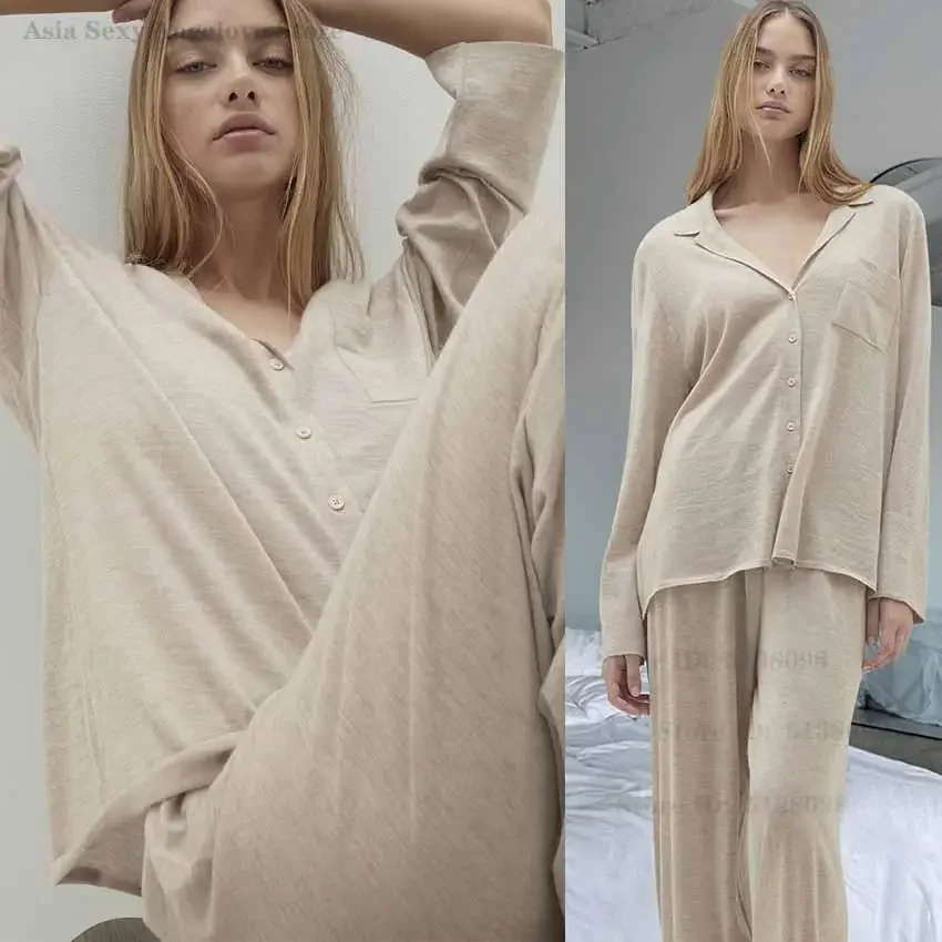 Summer New Women Knit Pajamas Elegant 2 Pcs Long Sleeve Shirt & Long Pants Nightwear Minimalist Fashion Home Wear Sleepwear
Summer New Women Knit Pajamas Elegant 2 Pcs Long Sleeve Shirt & Long Pants Nightwear Minimalist Fashion Home Wear Sleepwear
