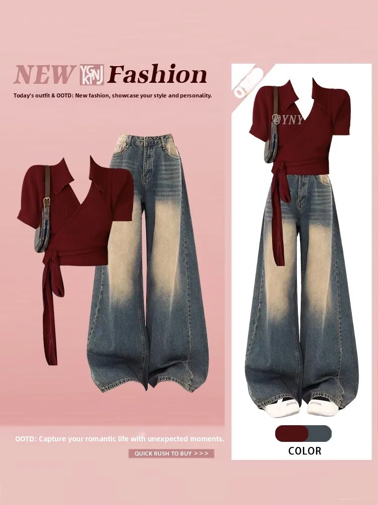 Summer Casual Women's Fashion Set Spicy Girl Waist-Cinching V-neck Short Sleeve T-shirt with High Waist Slimming Jeans Two-pi...
Summer Casual Women's Fashion Set Spicy Girl Waist-Cinching V-neck Short Sleeve T-shirt with High Waist Slimming Jeans Two-pi...