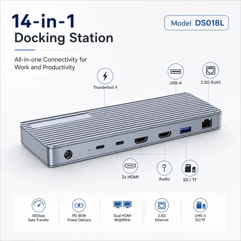 14-in-1 Thunderbolt 4/USB4 Docking Station, 40Gbps 8K*60Hz Dual HDMI, 90W PD, 10Gbps USB, 2.5G Ethernet, SD/TF 4.0 Card Reader
14-in-1 Thunderbolt 4/USB4 Docking Station, 40Gbps 8K*60Hz Dual HDMI, 90W PD, 10Gbps USB, 2.5G Ethernet, SD/TF 4.0 Card Reader