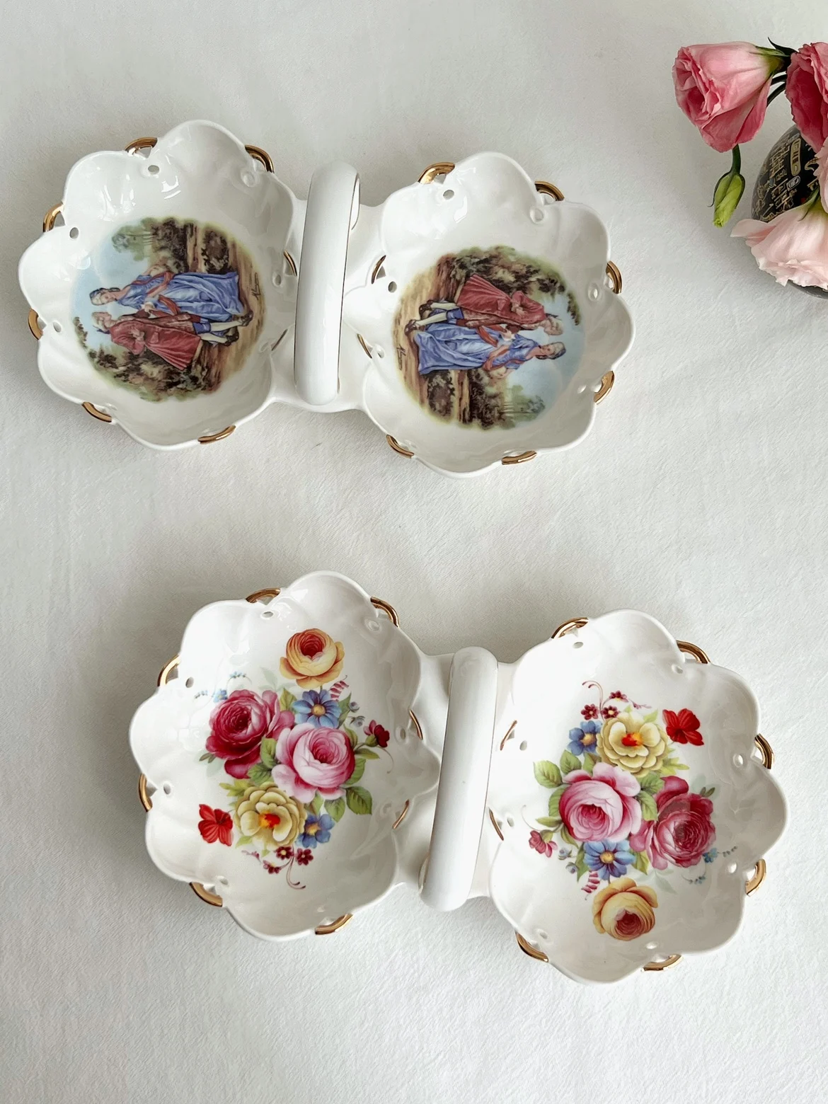 Characters, flowers, gold painted handles, double grid snack plates, special double grid plates
Characters, flowers, gold painted handles, double grid snack plates, special double grid plates
