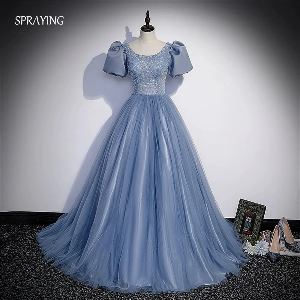 SPRAYING Princess Blue Beaded Evening Dress O Neck Short Sleeve Birthday Party Tulle A line Long Formal Party Dress Customized
SPRAYING Princess Blue Beaded Evening Dress O Neck Short Sleeve Birthday Party Tulle A line Long Formal Party Dress Customized