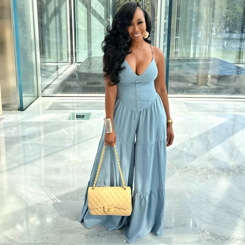 African Women Sexy V Neck Jumpsuit Spaghetti Strap High Waist Tiered Wide Leg Romper Summer Casual Streetwear Party Outfits
African Women Sexy V Neck Jumpsuit Spaghetti Strap High Waist Tiered Wide Leg Romper Summer Casual Streetwear Party Outfits