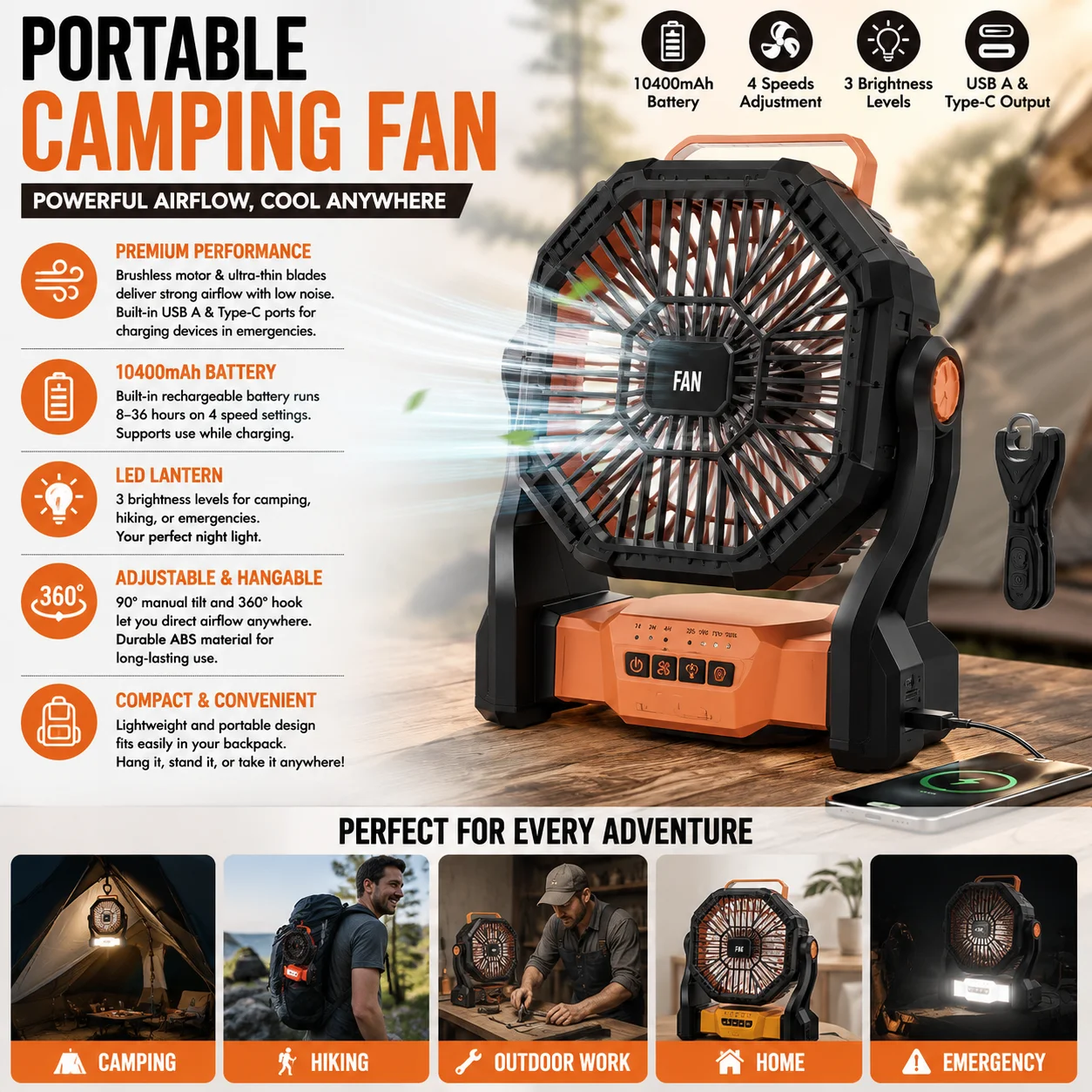 Portable Camping Fan with LED Lantern, 10400mAh Rechargeable Battery Operated Outdoor Fan, 4 Wind Speeds, 3 Light Brightness, USB-C & USB-A Power Bank, 90° Tilt 360° Hanging Hook Tent Fan for Camping Hiking Emergency Home
Portable Camping Fan with LED Lantern, 10400mAh Rechargeable Battery Operated Outdoor Fan, 4 Wind Speeds, 3 Light Brightness, USB-C & USB-A Power Bank, 90° Tilt 360° Hanging Hook Tent Fan for Camping Hiking Emergency Home