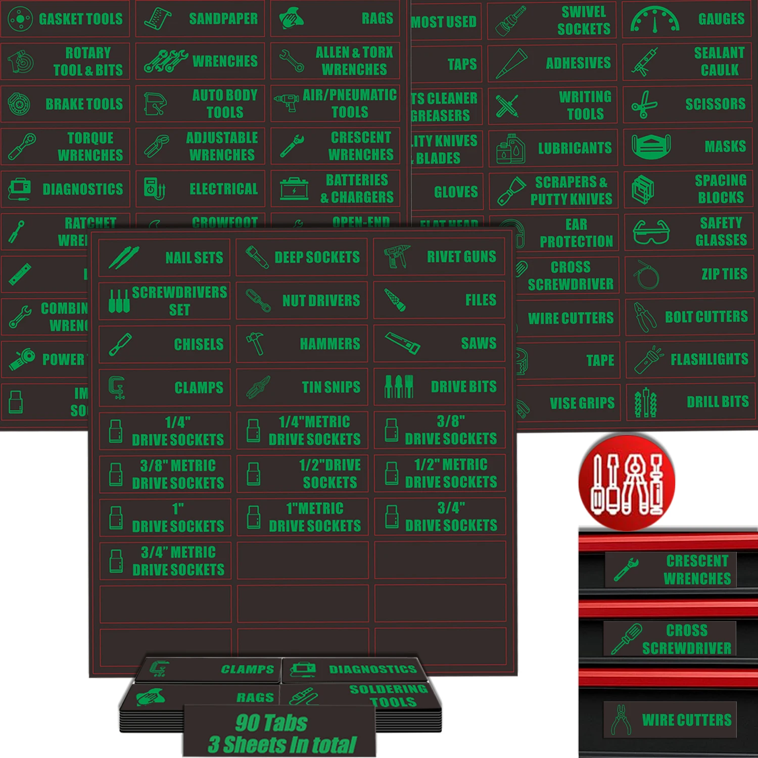 Набор из 90 этикеток для инструментов: 82 предварительно напечатанные и 8 пустых наклеек, этикетки для органайзеров и ящиков для инструментов.
Набор из 90 этикеток для инструментов: 82 предварительно напечатанные и 8 пустых наклеек, этикетки для органайзеров и ящиков для инструментов.