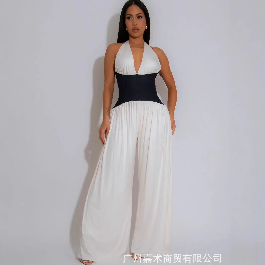 Women's Jumpsuit Color Blocked Hanging Neck Sexy Sleeveless Splicing Deep V-neck Jumpsuit Wide Leg Pants Summer 2025
Women's Jumpsuit Color Blocked Hanging Neck Sexy Sleeveless Splicing Deep V-neck Jumpsuit Wide Leg Pants Summer 2025