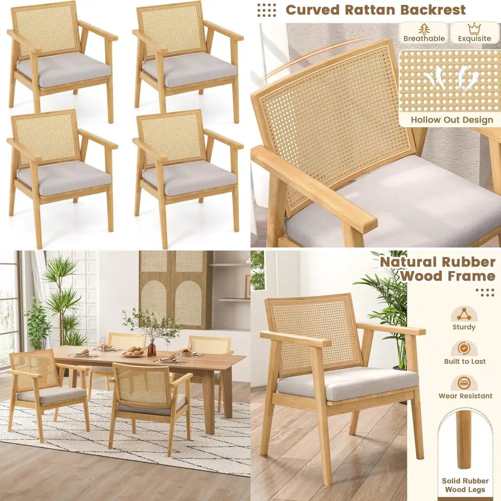 Set of 4 Modern Rattan Mid-Century Accent Chairs with Curved Backrests and Detachable Padded Seat Cushions, Solid Rubber Base 
Set of 4 Modern Rattan Mid-Century Accent Chairs with Curved Backrests and Detachable Padded Seat Cushions, Solid Rubber Base