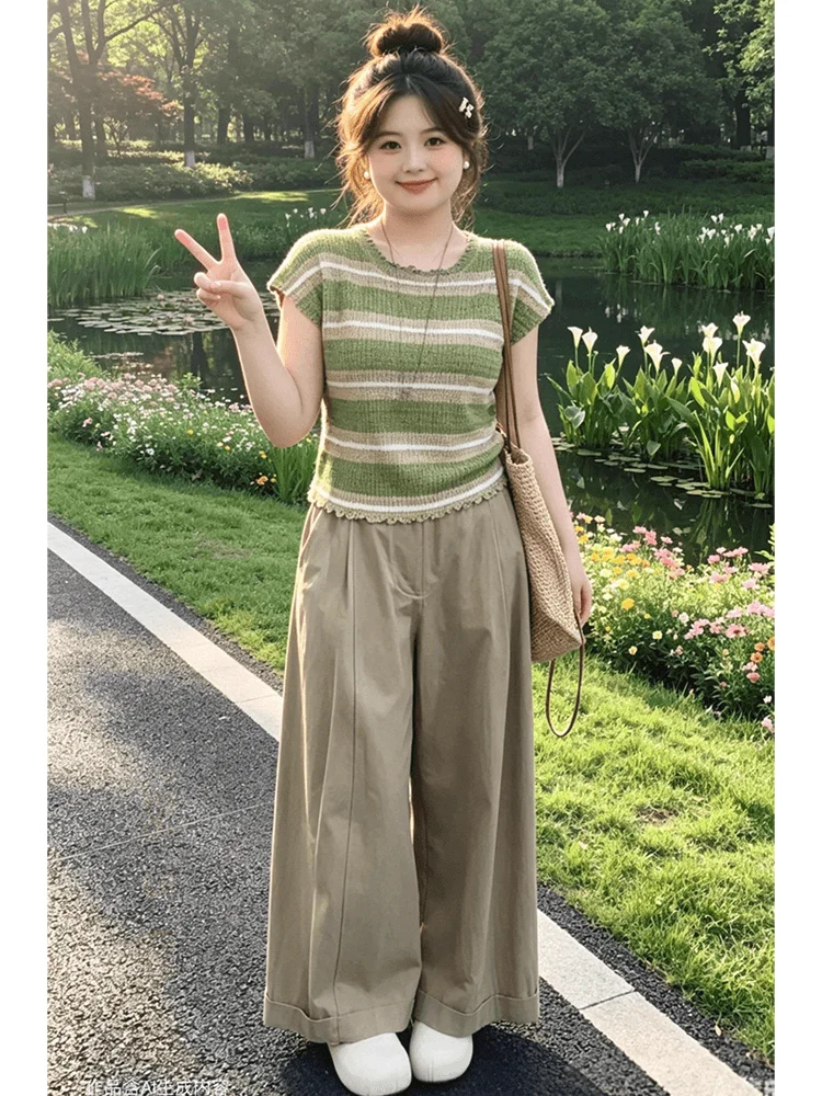 High Waist Wide Leg Pants Women's Summer Fashion Set Knitted Short Sleeve Striped Clothes Wooden Ear Design Casual Style
High Waist Wide Leg Pants Women's Summer Fashion Set Knitted Short Sleeve Striped Clothes Wooden Ear Design Casual Style