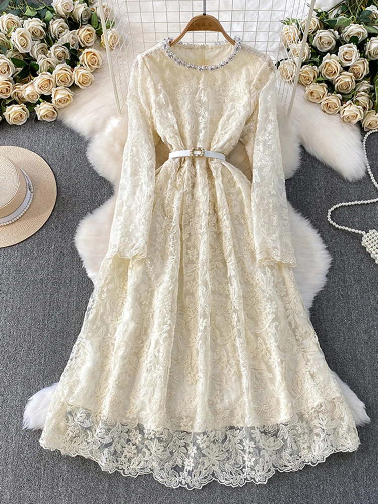Spring Autumn French Light Luxury Diamond Studded Bead O-Neck Dress for Women's New Fashion Apricot Lace Party Dress S315
Spring Autumn French Light Luxury Diamond Studded Bead O-Neck Dress for Women's New Fashion Apricot Lace Party Dress S315