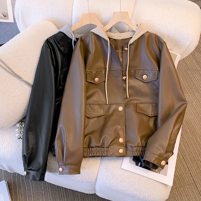 Casual Drawstring Hooded Leather Jacket Women's Autumn And Winter Work Patchwork Jacket Vintage Zip-up Outwear
Casual Drawstring Hooded Leather Jacket Women's Autumn And Winter Work Patchwork Jacket Vintage Zip-up Outwear