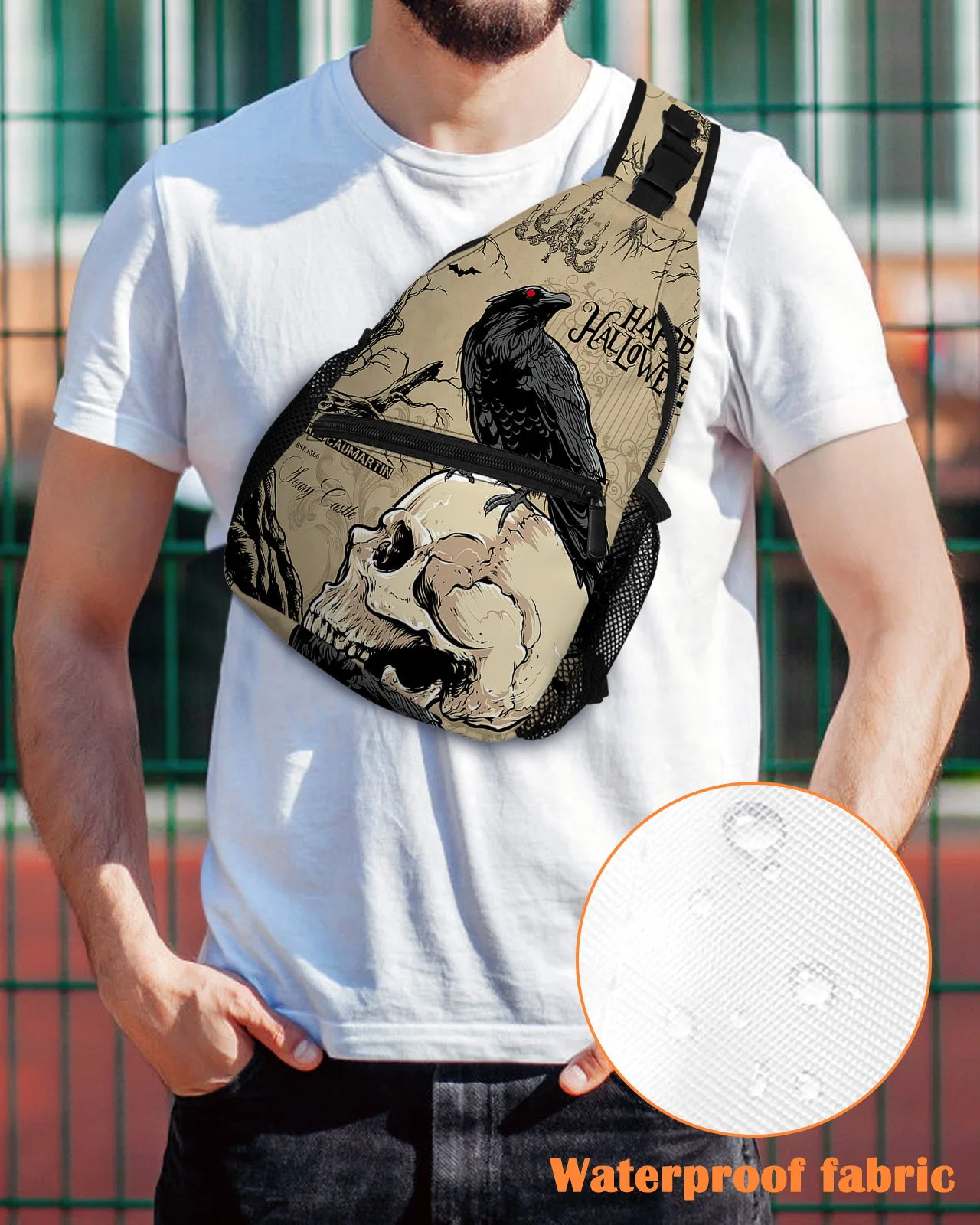 Halloween Skull Crow Bat Retro Chest Bag for Men Casual Sports Shoulder Bag Women's Travel Waterproof Messenger Bag
Halloween Skull Crow Bat Retro Chest Bag for Men Casual Sports Shoulder Bag Women's Travel Waterproof Messenger Bag