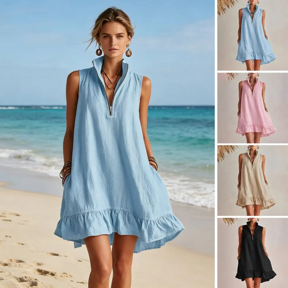 Women's Sleeveless Mini Dress Simple Style Half Zipper Stand Collar Ruffle A-line Dress Flowy Beach Vacation Sundress
Women's Sleeveless Mini Dress Simple Style Half Zipper Stand Collar Ruffle A-line Dress Flowy Beach Vacation Sundress