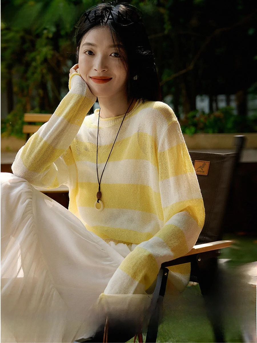 New Summer 26 Silk Blend Loose Fit Striped Knitwear Women's Casual Style Long Sleeve V-Neck Button up Top Comfortable Breathable
New Summer 26 Silk Blend Loose Fit Striped Knitwear Women's Casual Style Long Sleeve V-Neck Button up Top Comfortable Breathable