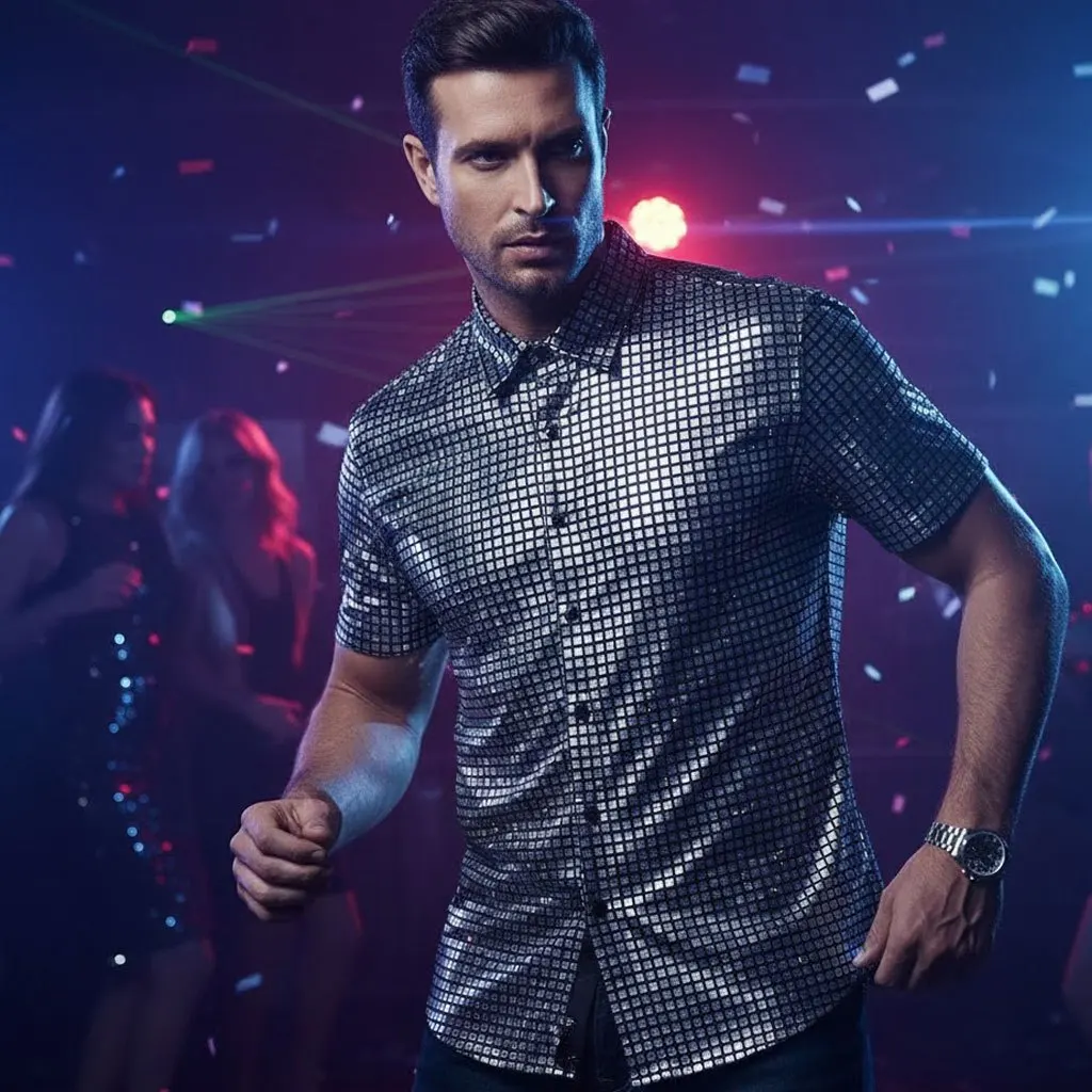 Men's 70s Disco Shirt Short Sleeve Sparkly Party Top Slim Fit Glitter Nightclub
Men's 70s Disco Shirt Short Sleeve Sparkly Party Top Slim Fit Glitter Nightclub