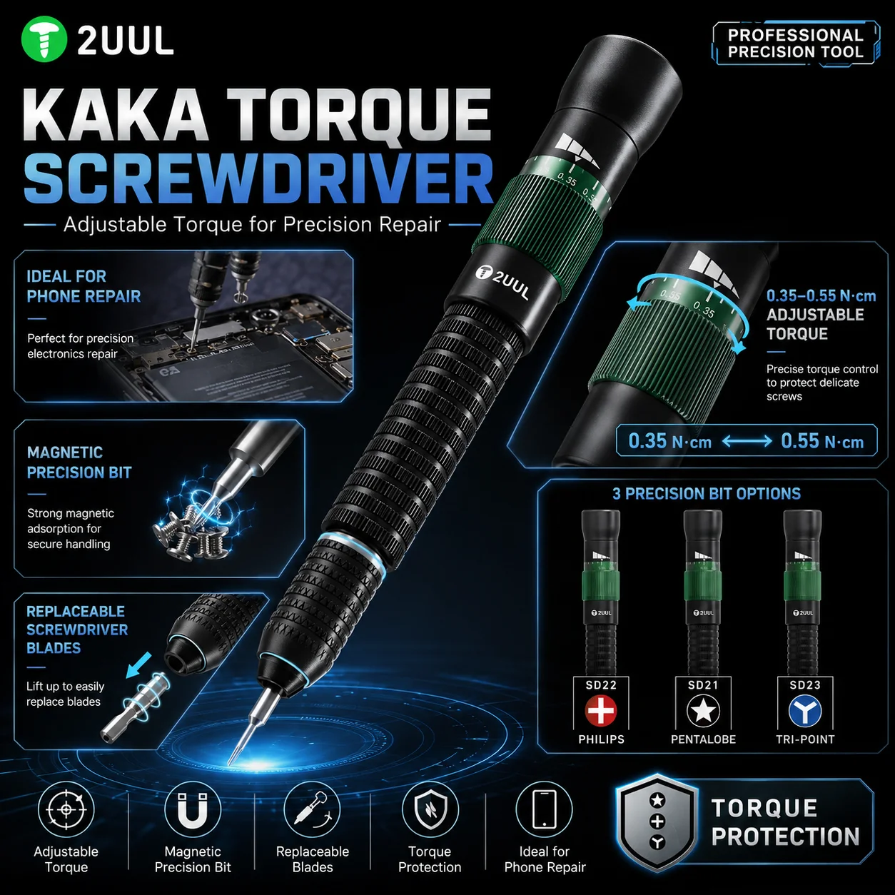 2UUL KAKA Adjustable Torque Screwdriver 0.35-0.55 N.cm Magnetic Replaceable Bits Tool for Mobile Phone PCB Motherboard Repair
2UUL KAKA Adjustable Torque Screwdriver 0.35-0.55 N.cm Magnetic Replaceable Bits Tool for Mobile Phone PCB Motherboard Repair