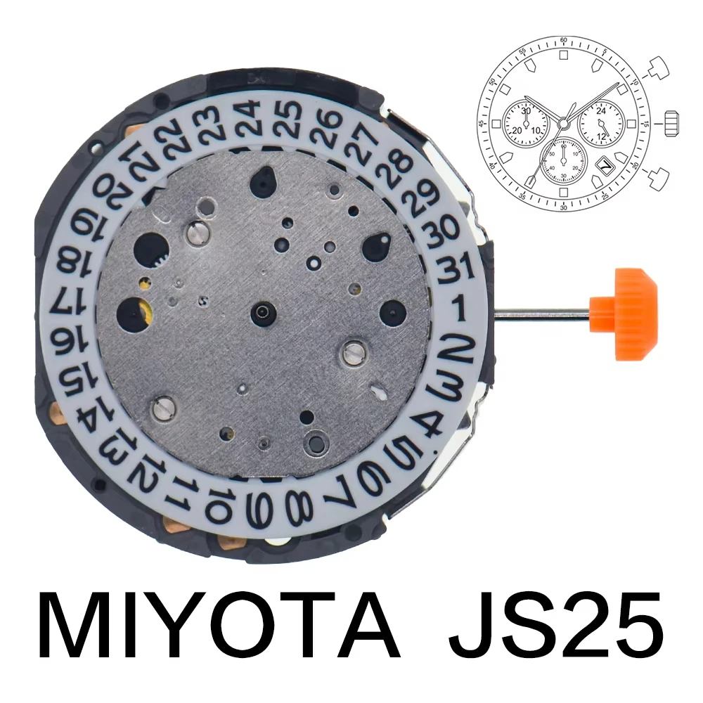 Miyota JS25 Quartz Movement 12 1/2'' SC-Chronograph with 3 Sub-Dials at 3-6-9 And Date Indicator at 4 O'clock for Watch Repair
Miyota JS25 Quartz Movement 12 1/2'' SC-Chronograph with 3 Sub-Dials at 3-6-9 And Date Indicator at 4 O'clock for Watch Repair