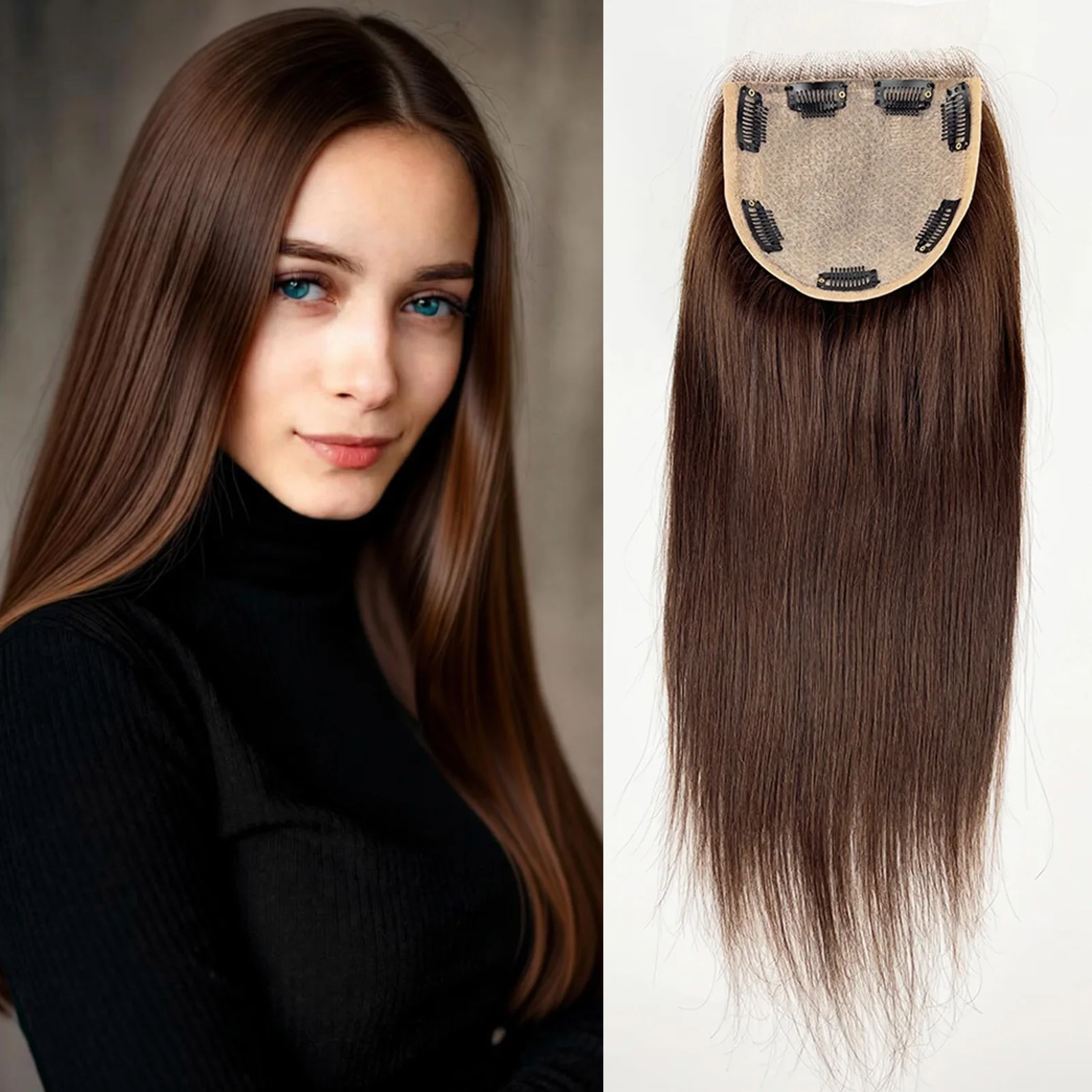 Silk Base Lace Closure with Bangs #4 Medium Brown Real Remy Human Hair with Clips Natural Hairline Bleached Knots Hairpieces
Silk Base Lace Closure with Bangs #4 Medium Brown Real Remy Human Hair with Clips Natural Hairline Bleached Knots Hairpieces