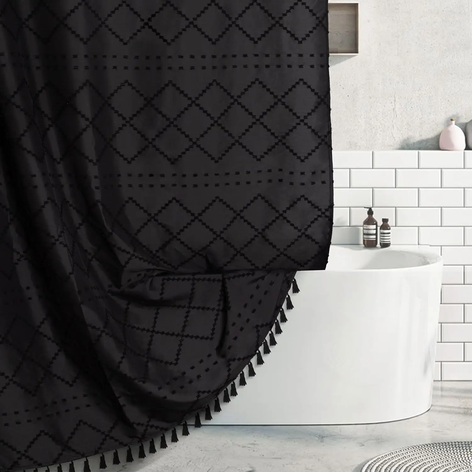 Black Boho Shower Curtain with Tufted Texture, Striped Modern Farmhouse Design for Bathroom, 72x72 Inches
Black Boho Shower Curtain with Tufted Texture, Striped Modern Farmhouse Design for Bathroom, 72x72 Inches