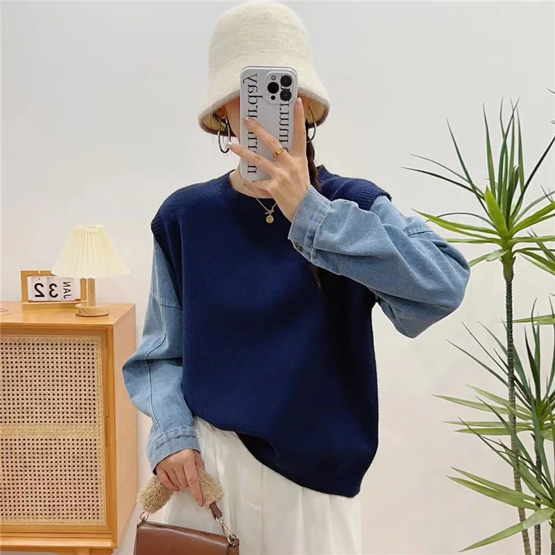 Autumn And Winter New Denim Sleeves Splicing Fake Two-piece Knitted Sweater Women's Fashion Versatile Loose Knitted Sweater Top
Autumn And Winter New Denim Sleeves Splicing Fake Two-piece Knitted Sweater Women's Fashion Versatile Loose Knitted Sweater Top