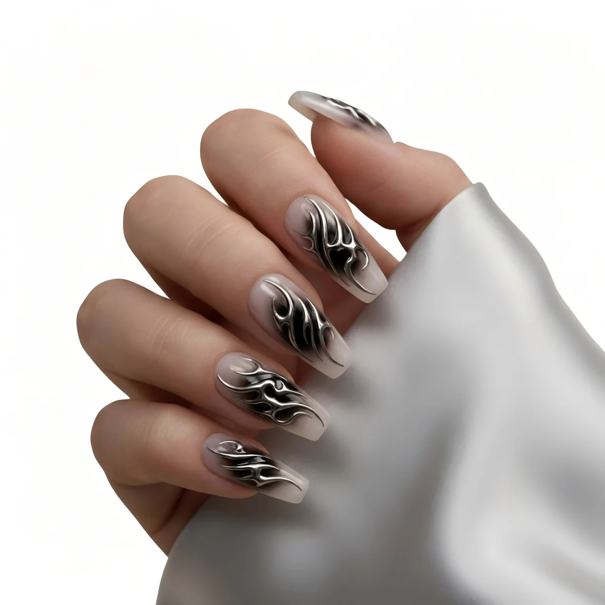 Cyberpunk Black Grey Aura Press On Nails 3D Silver Lines Edgy Grunge Fake Nails Reusable Gel Tapered Square Wide
Cyberpunk Black Grey Aura Press On Nails 3D Silver Lines Edgy Grunge Fake Nails Reusable Gel Tapered Square Wide