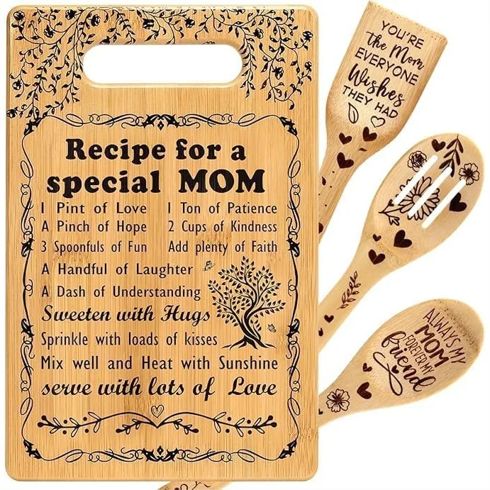 Bamboo Cutting Board Set For Mom Birthday Gift From Daughter Son With 4 Pieces Utensils
Bamboo Cutting Board Set For Mom Birthday Gift From Daughter Son With 4 Pieces Utensils