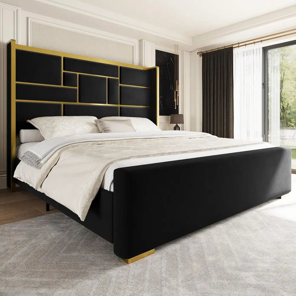 Size Bed Frame with 55.12 Tall Headboard, Modern Luxury Velvet Upholstered Platform Bed with Gold Trim, Wide Wingback Design, N
Size Bed Frame with 55.12 Tall Headboard, Modern Luxury Velvet Upholstered Platform Bed with Gold Trim, Wide Wingback Design, N