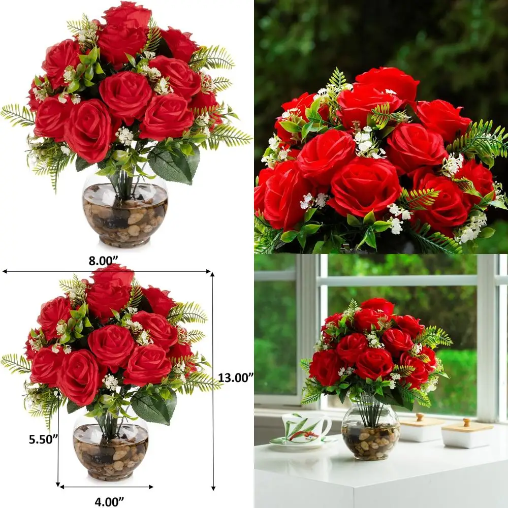 Silk Rose Artificial Flower Arrangement: 18-Heads in Round Bowl Vase with Faux Water
Silk Rose Artificial Flower Arrangement: 18-Heads in Round Bowl Vase with Faux Water