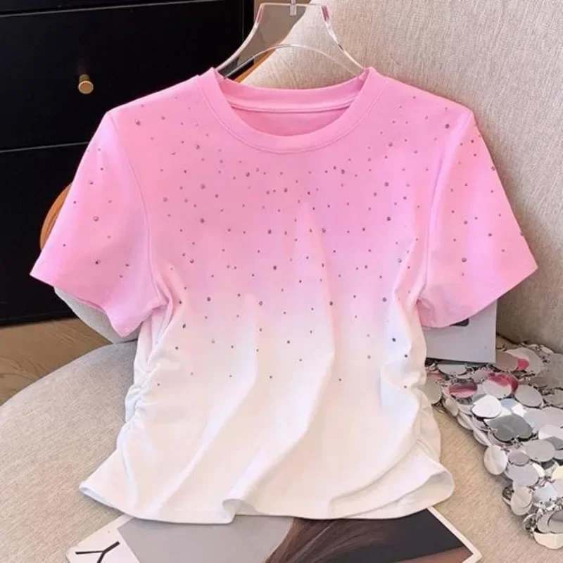 Fashion Tie Dye Gradient O-neck T-shirts 2025 Summer New Diamond Tops Women Y2k Short Sleeve Pink White Tee Shirt
Fashion Tie Dye Gradient O-neck T-shirts 2025 Summer New Diamond Tops Women Y2k Short Sleeve Pink White Tee Shirt