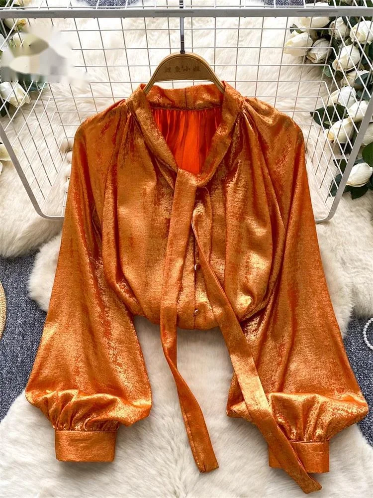 Senior Shiny Party Blouse Autumn V Neck Long Lantern Sleeve Loose Solid Shirt Women Elegant OL Pleated Lace Up Tops
Senior Shiny Party Blouse Autumn V Neck Long Lantern Sleeve Loose Solid Shirt Women Elegant OL Pleated Lace Up Tops