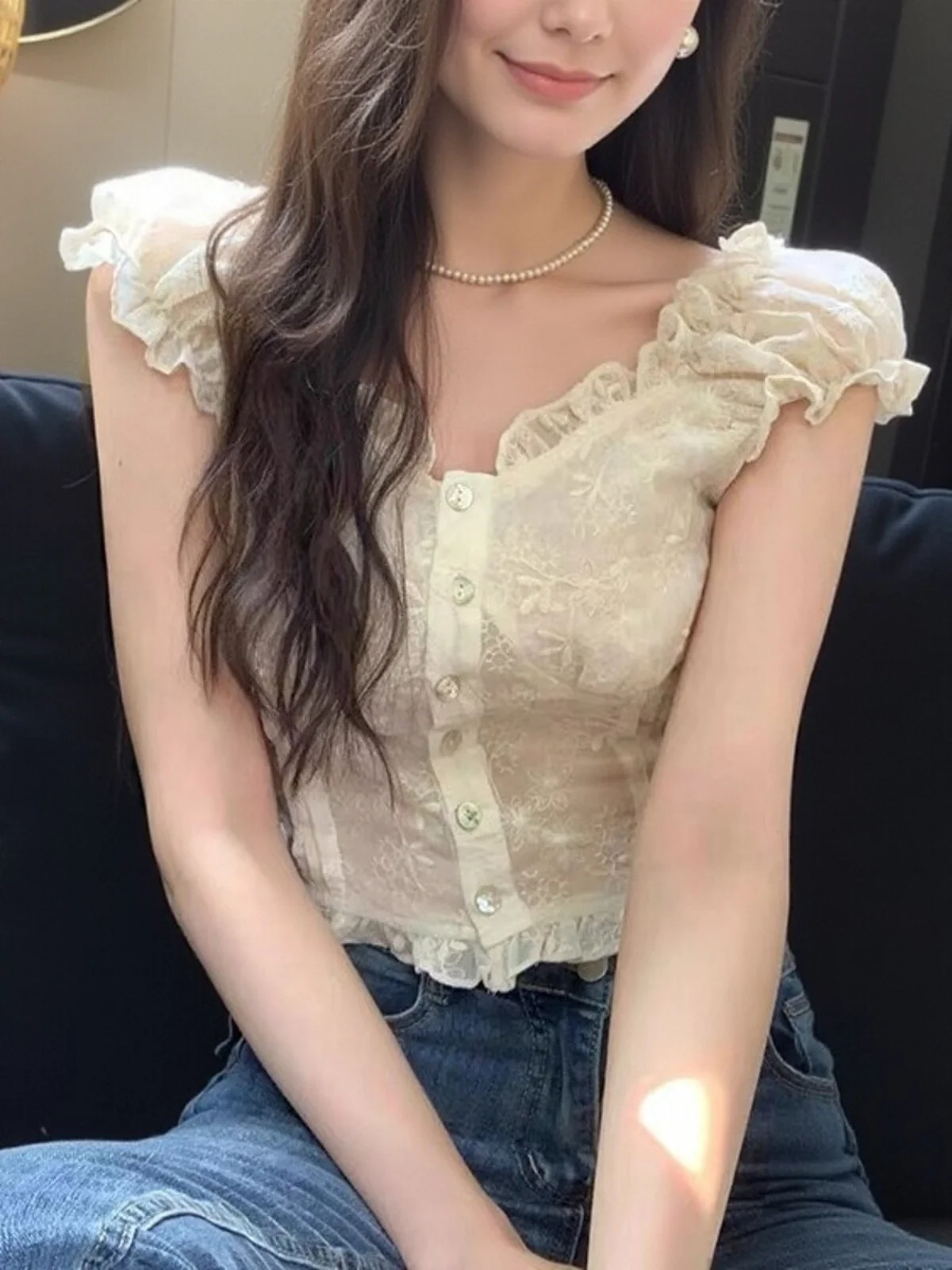 Ele ort Lace irt Women's Summer New Sle Bubble Sve Embroidery Design Sensation Youthful Top Korean Sle V-ne
Ele ort Lace irt Women's Summer New Sle Bubble Sve Embroidery Design Sensation Youthful Top Korean Sle V-ne