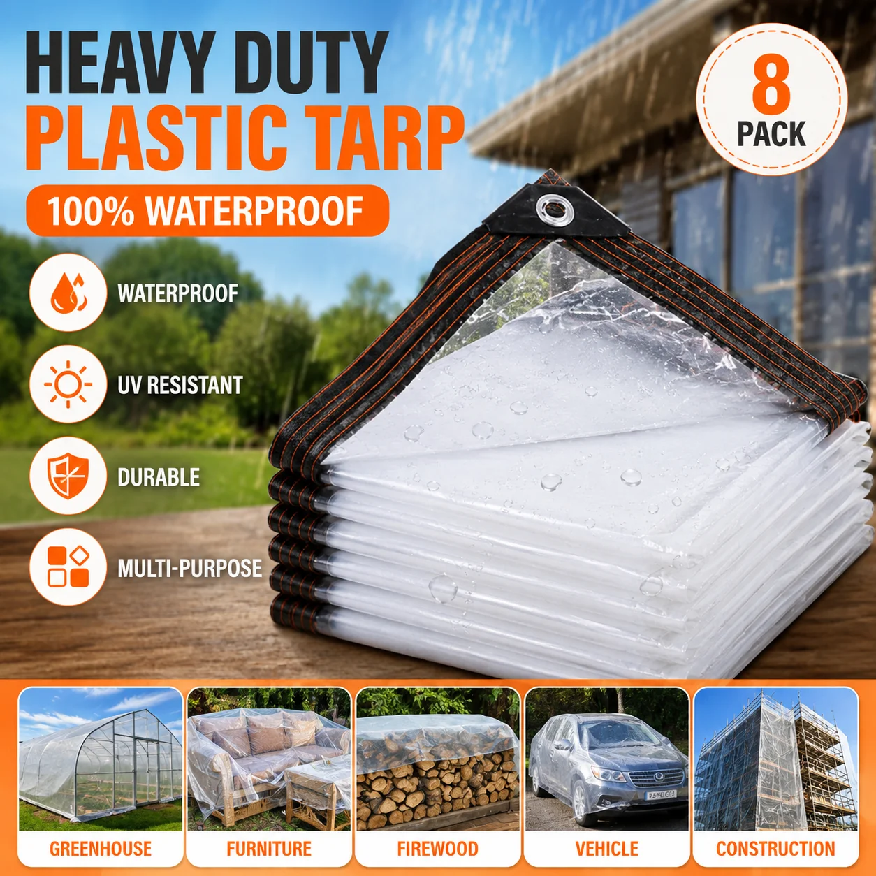 Heavy Duty Clear Plastic Tarp Waterproof Cover Sheet with Reinforced Grommets Transparent PE Tarpaulin Rainproof Dustproof UV Resistant Outdoor Protection Cover for Greenhouse Furniture Car Firewood Camping Garden
Heavy Duty Clear Plastic Tarp Waterproof Cover Sheet with Reinforced Grommets Transparent PE Tarpaulin Rainproof Dustproof UV Resistant Outdoor Protection Cover for Greenhouse Furniture Car Firewood Camping Garden