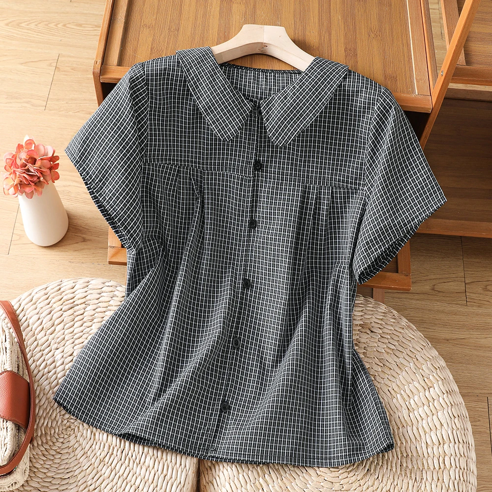 Cotton Plaid Peter Pan Collar Open Cardigan Women's Loose Belly Covering Anti-Aging Short Sleeve Shirt Summer New Style
Cotton Plaid Peter Pan Collar Open Cardigan Women's Loose Belly Covering Anti-Aging Short Sleeve Shirt Summer New Style