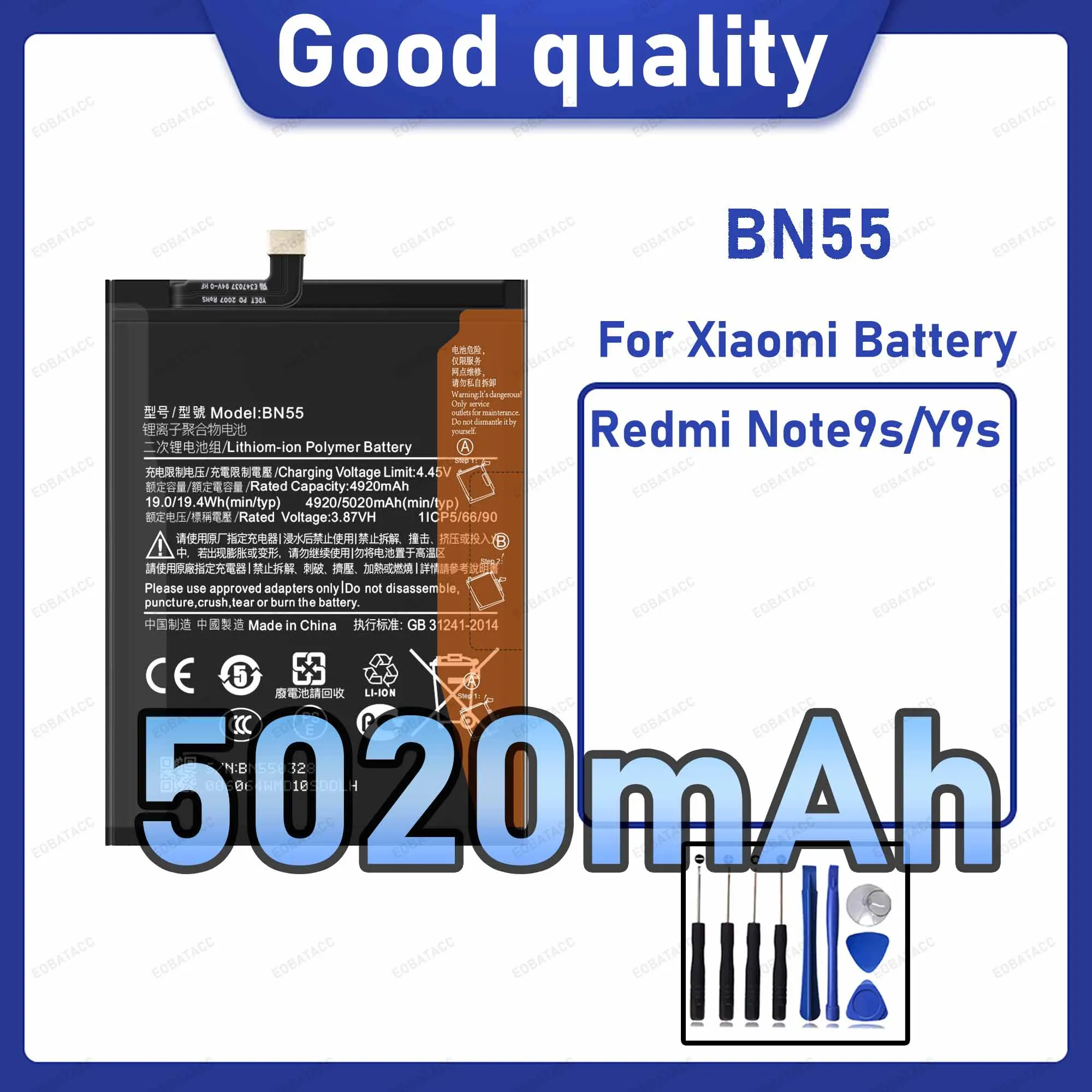 5020mAh BN55 Replacement Battery for Xiaomi Redmi Note 9s/Y9s with Repair Tools Kit
5020mAh BN55 Replacement Battery for Xiaomi Redmi Note 9s/Y9s with Repair Tools Kit