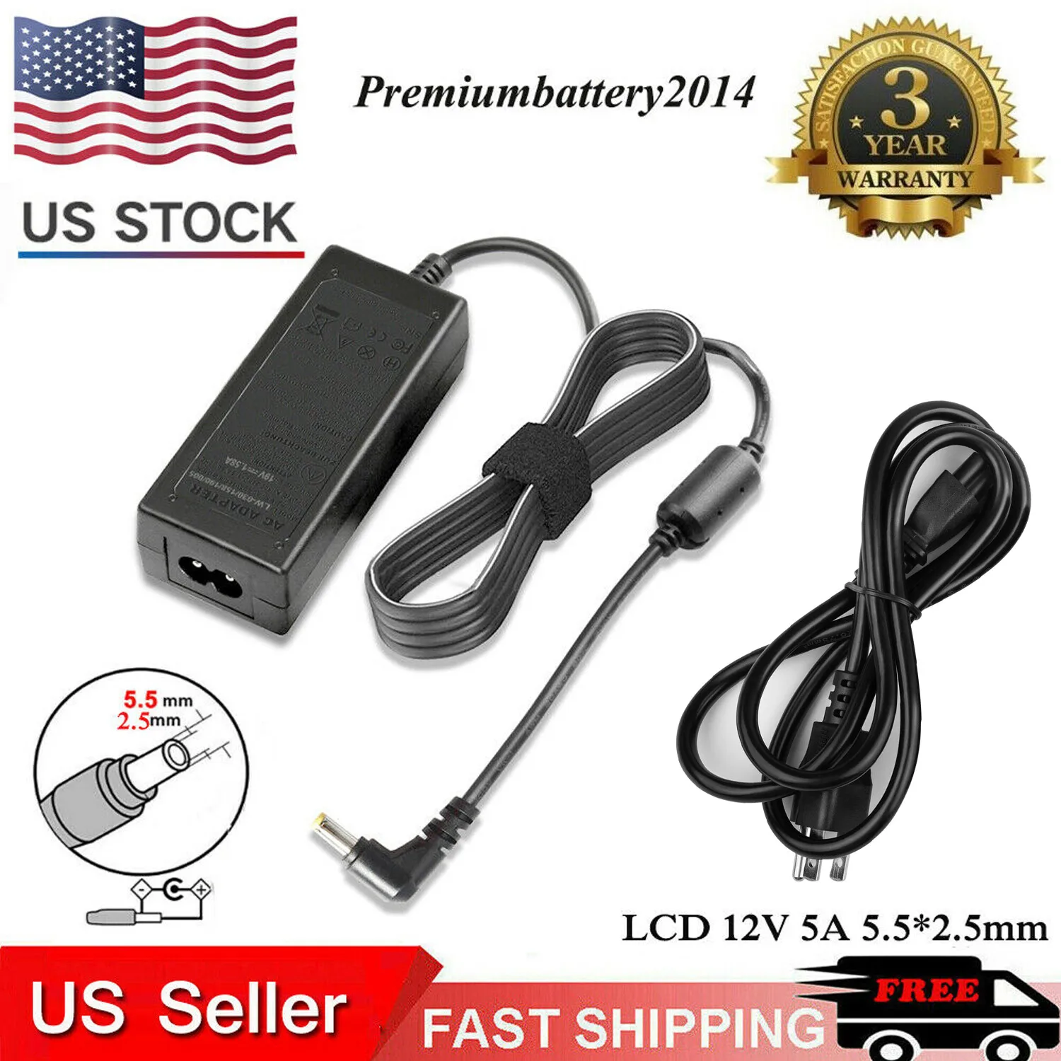 12V 5A AC DC Power Supply 5 Amp 12 Volt Adapter Charger LCD Screen 5.5mm * 2.5mm
12V 5A AC DC Power Supply 5 Amp 12 Volt Adapter Charger LCD Screen 5.5mm * 2.5mm
