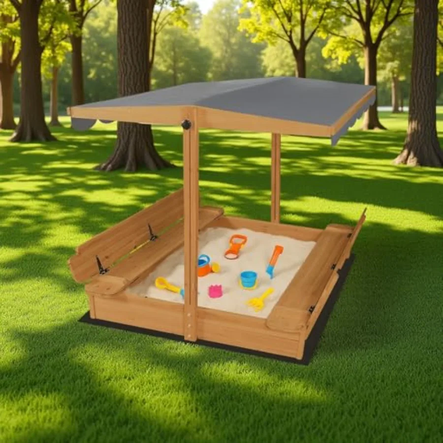 Outdoor wooden sandbox for garden or patio use, natural wood color, foldable bench seat with lid cover and bottom liner, 48x48
Outdoor wooden sandbox for garden or patio use, natural wood color, foldable bench seat with lid cover and bottom liner, 48x48