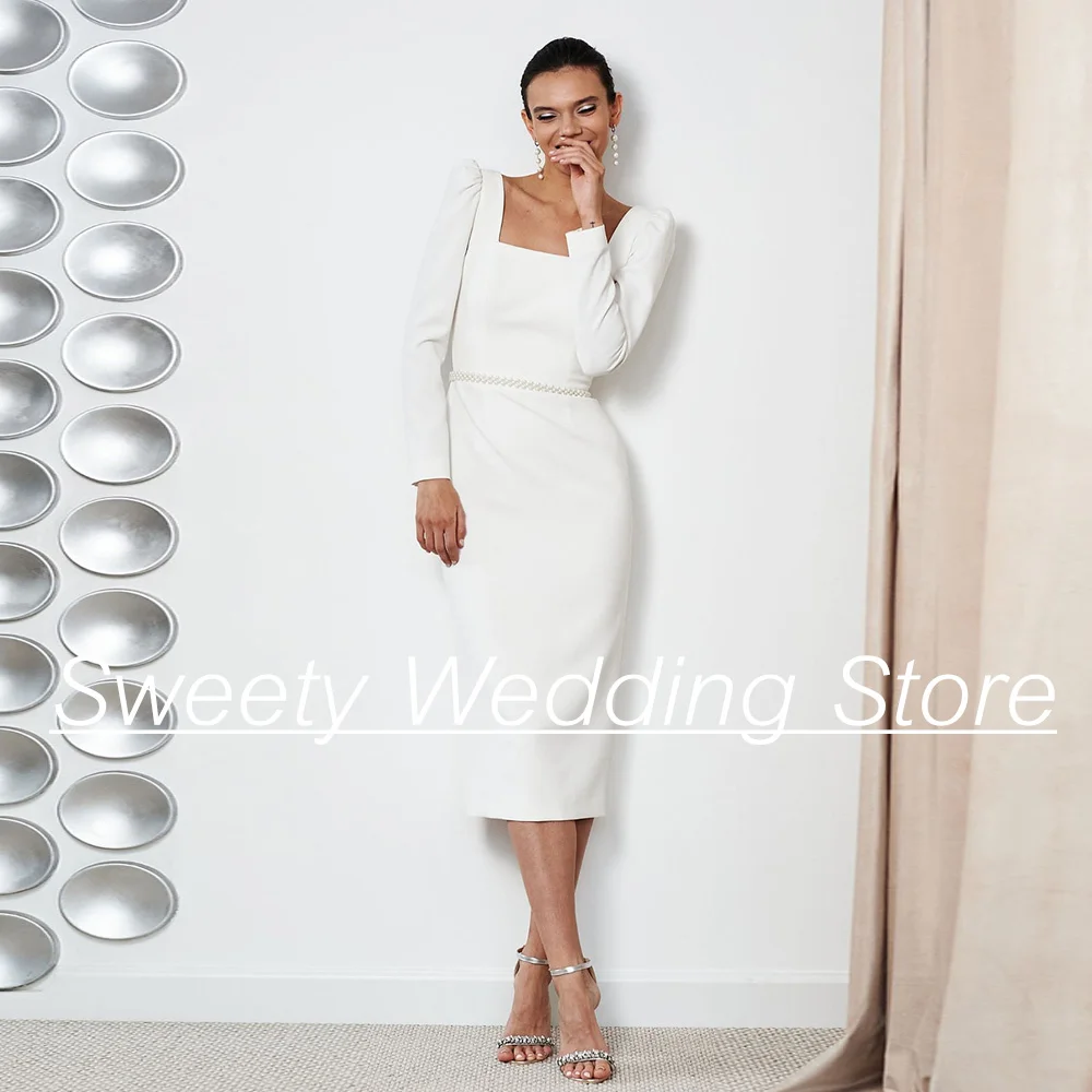 Simple Wedding Dresses for Lady Bride Square Neck Long Sleeves Pearls Belt Slim Bridal Tea Length Banquet Gown
Simple Wedding Dresses for Lady Bride Square Neck Long Sleeves Pearls Belt Slim Bridal Tea Length Banquet Gown