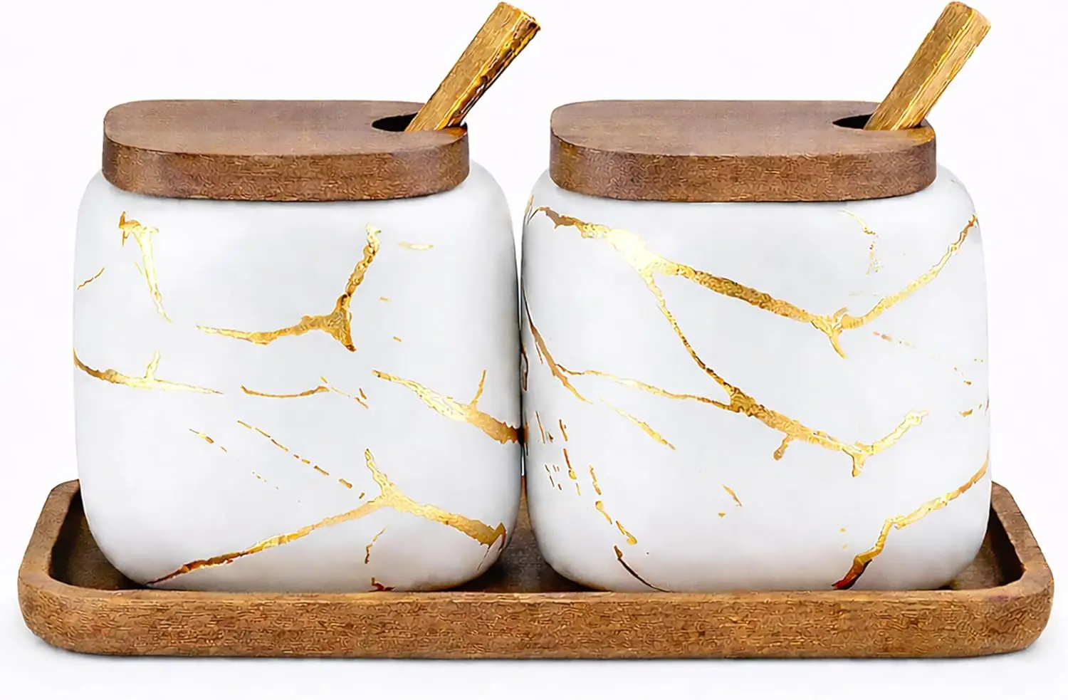 Marble Ceramic Seasoning Jars Set with Wooden Lids Tray and Spoons for Sugar Salt Spices
Marble Ceramic Seasoning Jars Set with Wooden Lids Tray and Spoons for Sugar Salt Spices