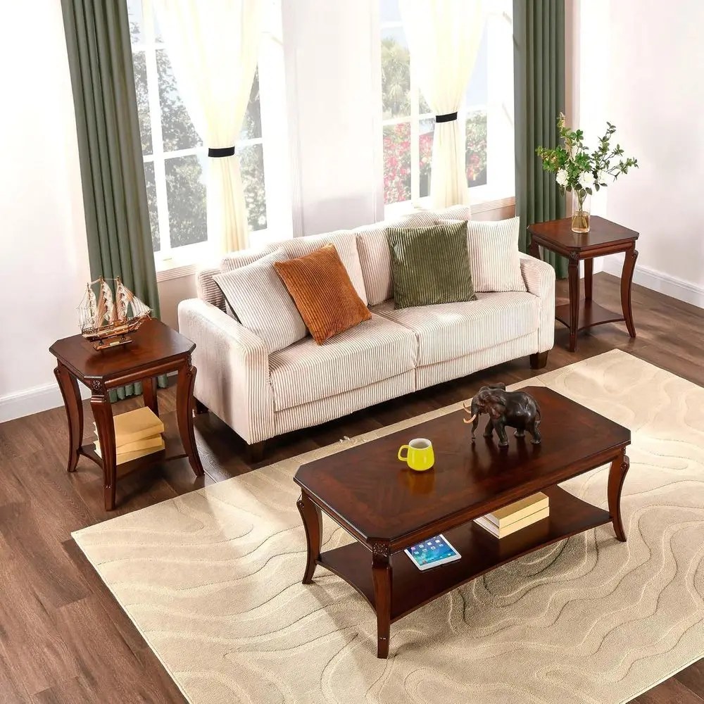 3-Piece Solid Wood Living Room Coffee Table Set with Storage Shelf and 2 End Tables, Cherry Walnut Finish
3-Piece Solid Wood Living Room Coffee Table Set with Storage Shelf and 2 End Tables, Cherry Walnut Finish
