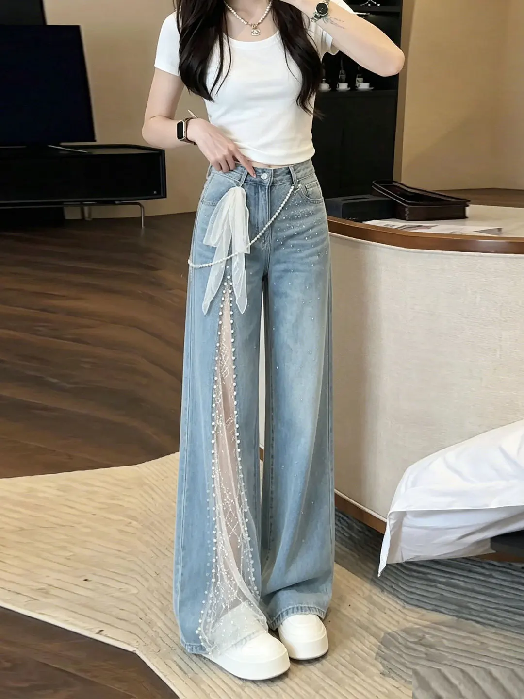 High Waist Lace Patchwork Rhinestone Design Women's Jeans Summer New Slimming Thin Wide Leg Pants Elegant Fashionable
High Waist Lace Patchwork Rhinestone Design Women's Jeans Summer New Slimming Thin Wide Leg Pants Elegant Fashionable