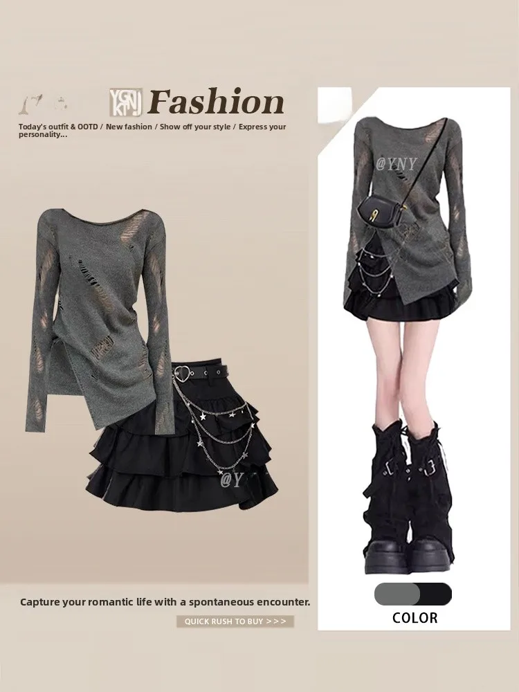 Sweet Cool Spicy Girl Style Small Size Hollow out Uneven Knitted Sweater Women's Autumn Slim Cake Skirt Two Piece Set
Sweet Cool Spicy Girl Style Small Size Hollow out Uneven Knitted Sweater Women's Autumn Slim Cake Skirt Two Piece Set