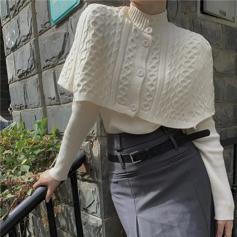 Korean Cloak Sweater Piece Sets Fall Retro Thick Mock Neck Knit Cape And Slim V-neck Pullover Women Warm Sweaters Tops PH276
Korean Cloak Sweater Piece Sets Fall Retro Thick Mock Neck Knit Cape And Slim V-neck Pullover Women Warm Sweaters Tops PH276