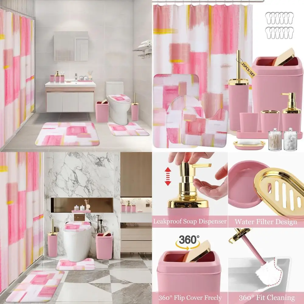 Elegant Pink & Gold Bathroom Accessory Set: Shower Curtain, Rugs, Trash Can, Dispenser & Dish
Elegant Pink & Gold Bathroom Accessory Set: Shower Curtain, Rugs, Trash Can, Dispenser & Dish