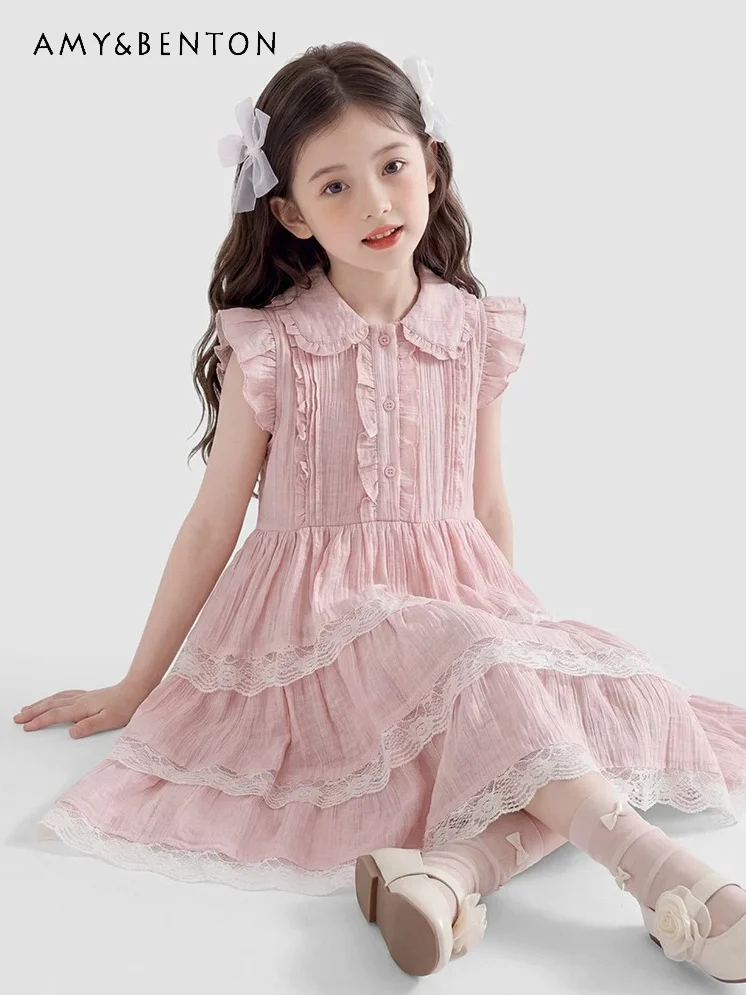 Big Girls Summer New Sweet Cute Pink Princess Dress Kids Thin Soft Feifei Sleeve Doll Collar Lace Trim Pleated Casual Cake Dress
Big Girls Summer New Sweet Cute Pink Princess Dress Kids Thin Soft Feifei Sleeve Doll Collar Lace Trim Pleated Casual Cake Dress