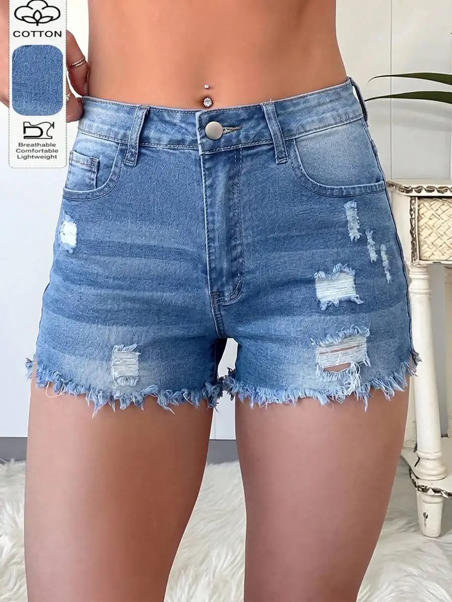 Womens Casual Distressed Denim Shorts With Frayed Hem And Pockets
Womens Casual Distressed Denim Shorts With Frayed Hem And Pockets
