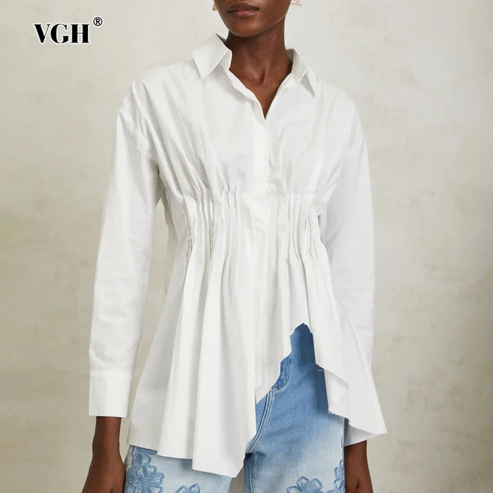 VGH однотонные рубашки со складками и нерегулярным подолом для женщин, лоскутная женская рубашка с длинными рукавами и лацканами, женская одежда, новинка осени
VGH однотонные рубашки со складками и нерегулярным подолом для женщин, лоскутная женская рубашка с длинными рукавами и лацканами, женская одежда, новинка осени