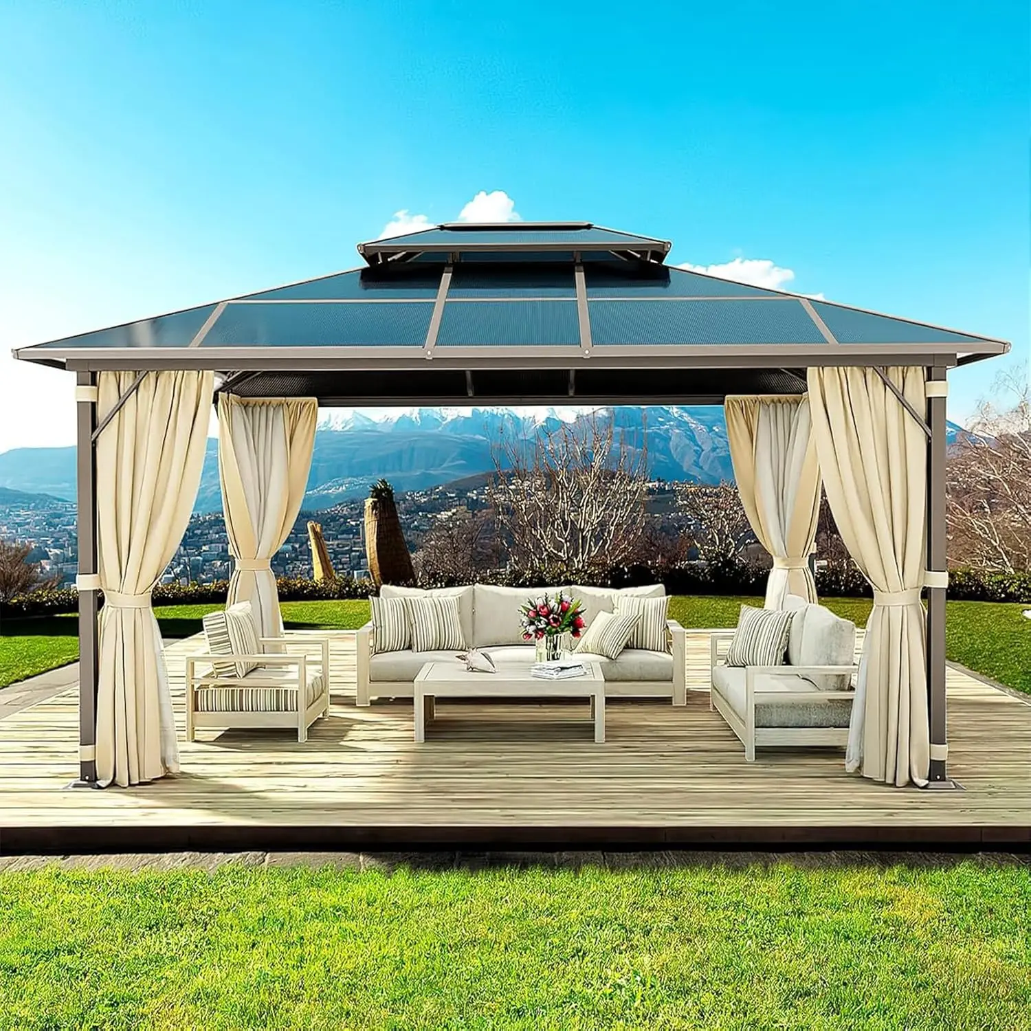 10'x13' Hardtop Gazebo, Outdoor Polycarbonate Double Roof Gazebo with Aluminum Frame Permanent Pavilion and Curtains
10'x13' Hardtop Gazebo, Outdoor Polycarbonate Double Roof Gazebo with Aluminum Frame Permanent Pavilion and Curtains
