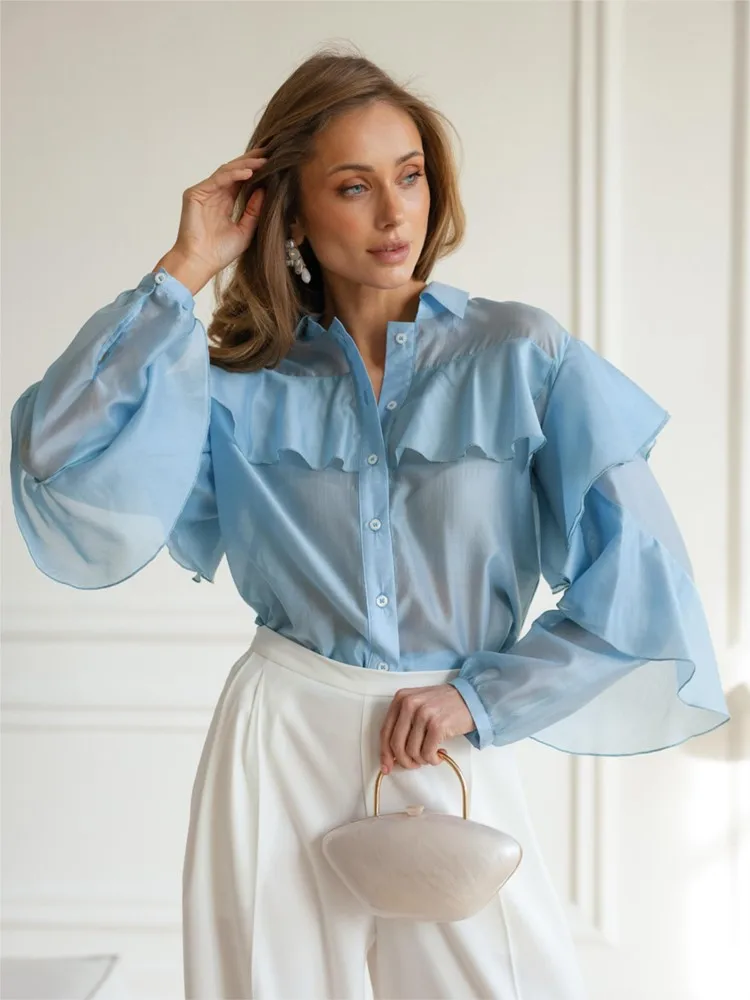 Spring New Blue Beach Style Long Ruffles Sleeve Shirt Woven Summer Thin Loose Button Tops Casual Turn-Down Collar Solid Blouses
Spring New Blue Beach Style Long Ruffles Sleeve Shirt Woven Summer Thin Loose Button Tops Casual Turn-Down Collar Solid Blouses