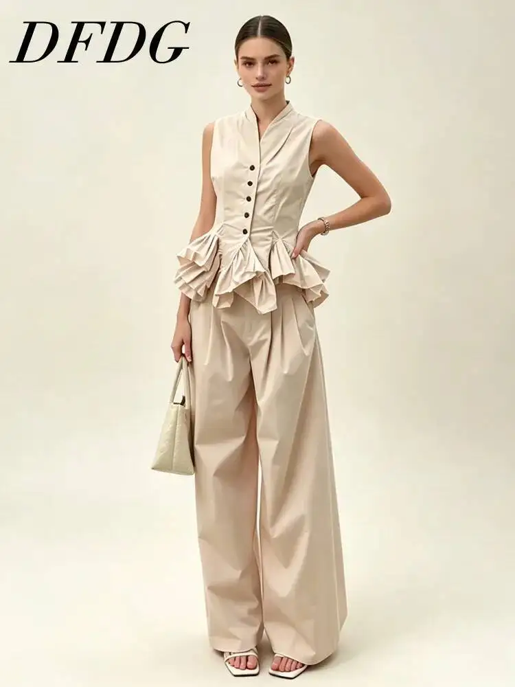 DFDG Women 2026 Spring Summer Two Piece Outfit Stand Collar Sleeveless Peplum Vest High Waist Wide Leg Pants Elegant Formal Set
DFDG Women 2026 Spring Summer Two Piece Outfit Stand Collar Sleeveless Peplum Vest High Waist Wide Leg Pants Elegant Formal Set