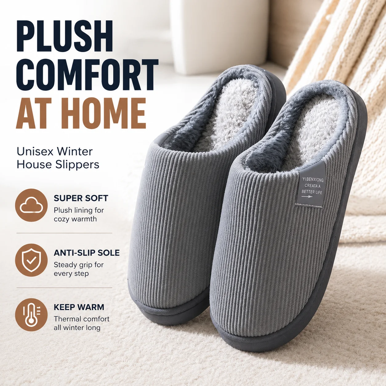 NEW Unisex Plush House Slippers - Anti-Slip Thermal Indoor Winter Shoes with Thick Soft Sole for Home Comfort (Men & Women)
NEW Unisex Plush House Slippers - Anti-Slip Thermal Indoor Winter Shoes with Thick Soft Sole for Home Comfort (Men & Women)